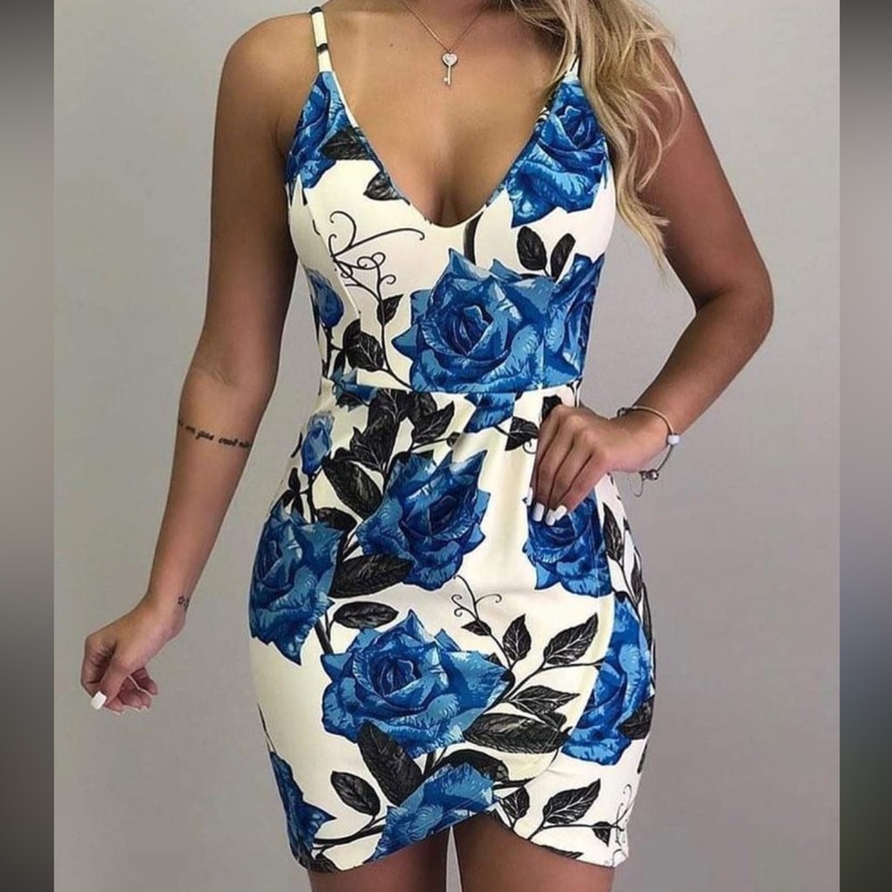 Blue and White Floral Wrap Around Mini Dress